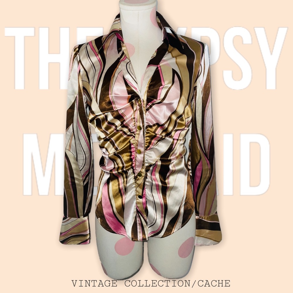 Cache Vintage 90s / Y2K Silk Collared Button Down Funky Retro Print Size Small